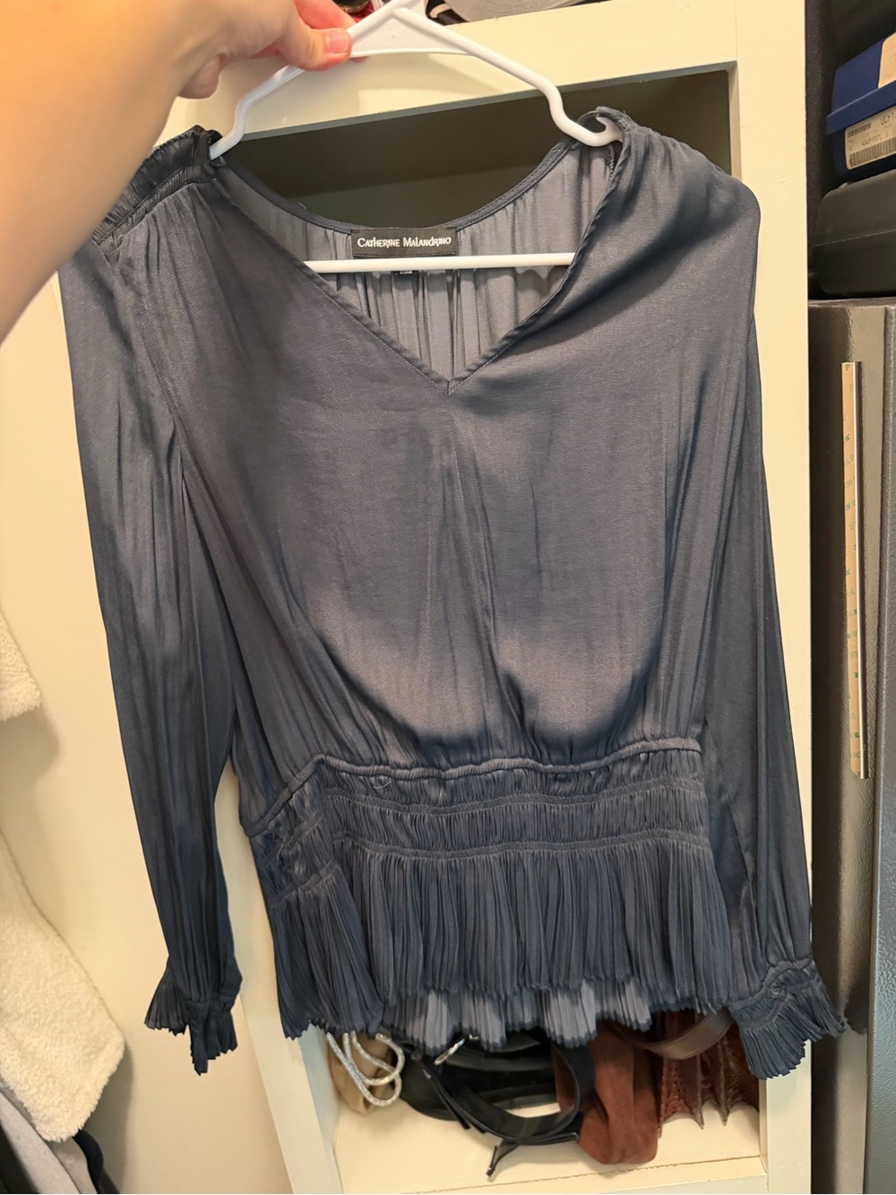 Catherine Malandrino Blue Gray V-Neck Pleated Waist Women's Top